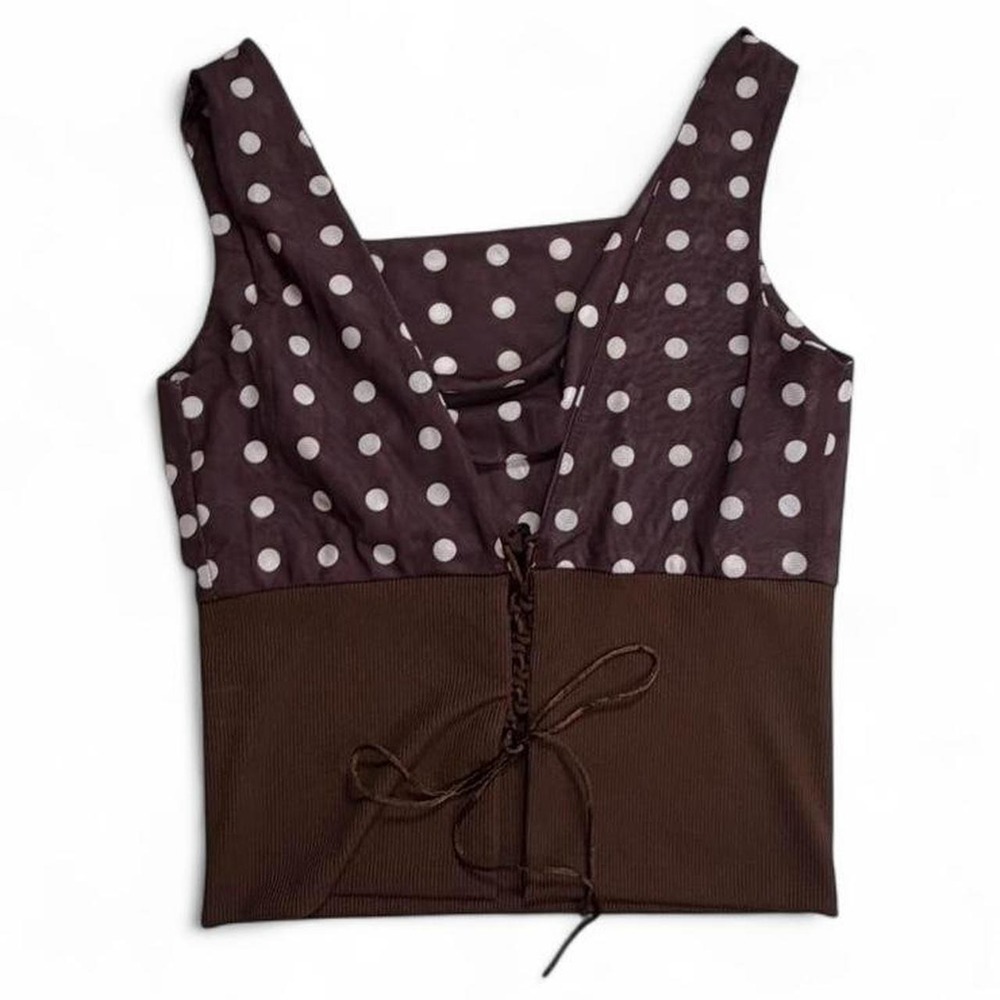 Indie Sleaze Brown Polka Dot Mixed Media Lace Up Tube Mesh Top